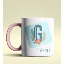 Kişiye Özel G Harfi Temalı Tropikal Tasarım Pembe Renk Kupa