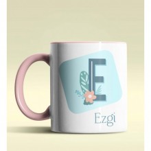 Kişiye Özel E Harfi Temalı Tropikal Tasarım Pembe Renk Kupa