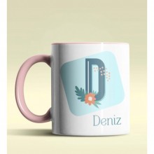 Kişiye Özel D Harfi Temalı Tropikal Tasarım Pembe Renk Kupa