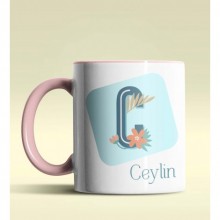 Kişiye Özel C Harfi Temalı Tropikal Tasarım Pembe Renk Kupa