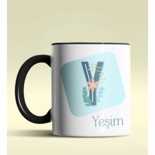 Kişiye Özel Y Harfi Temalı Tropikal Tasarım Siyah Renk Kupa