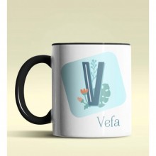 Kişiye Özel V Harfi Temalı Tropikal Tasarım Siyah Renk Kupa