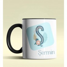 Kişiye Özel Ş Harfi Temalı Tropikal Tasarım Siyah Renk Kupa