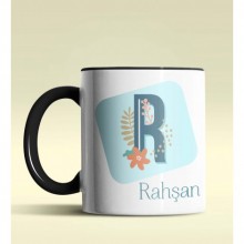 Kişiye Özel R Harfi Temalı Tropikal Tasarım Siyah Renk Kupa