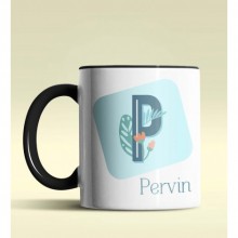 Kişiye Özel P Harfi Temalı Tropikal Tasarım Siyah Renk Kupa