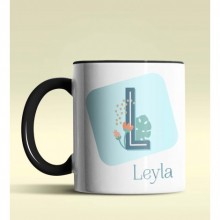 Kişiye Özel L Harfi Temalı Tropikal Tasarım Siyah Renk Kupa