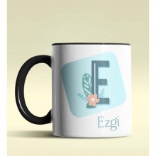 Kişiye Özel E Harfi Temalı Tropikal Tasarım Siyah Renk Kupa