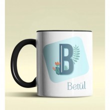 Kişiye Özel B Harfi Temalı Tropikal Tasarım Siyah Renk Kupa