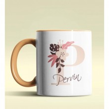 Kişiye Özel P Harfi Temalı Flowers Tasarım Turuncu Renk Kupa