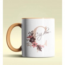 Kişiye Özel Ç Harfi Temalı Flowers Tasarım Turuncu Renk Kupa