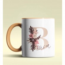 Kişiye Özel B Harfi Temalı Flowers Tasarım Turuncu Renk Kupa