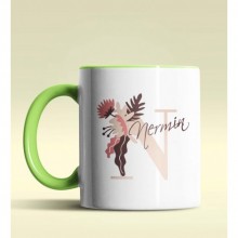 Kişiye Özel N Harfi Temalı Flowers Tasarım Yeşil Renk Kupa