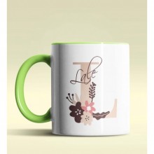 Kişiye Özel L Harfi Temalı Flowers Tasarım Yeşil Renk Kupa