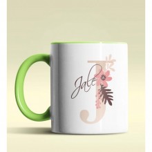 Kişiye Özel J Harfi Temalı Flowers Tasarım Yeşil Renk Kupa