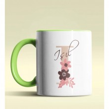 Kişiye Özel I Harfi Temalı Flowers Tasarım Yeşil Renk Kupa