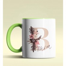 Kişiye Özel B Harfi Temalı Flowers Tasarım Yeşil Renk Kupa