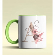 Kişiye Özel A Harfi Temalı Flowers Tasarım Yeşil Renk Kupa