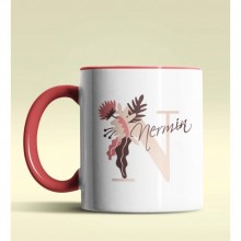 Kişiye Özel N Harfi Temalı Flowers Tasarım Kırmızı Renk Kupa