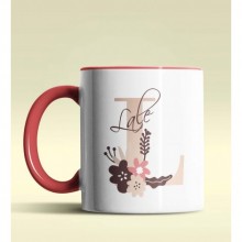 Kişiye Özel L Harfi Temalı Flowers Tasarım Kırmızı Renk Kupa