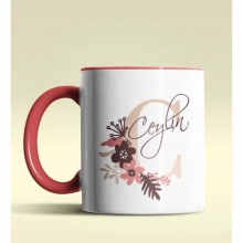 Kişiye Özel C Harfi Temalı Flowers Tasarım Kırmızı Renk Kupa