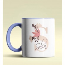 Kişiye Özel S Harfi Temalı Flowers Tasarım Mavi Renk Kupa