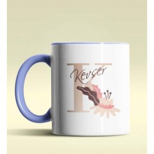 Kişiye Özel K Harfi Temalı Flowers Tasarım Mavi Renk Kupa