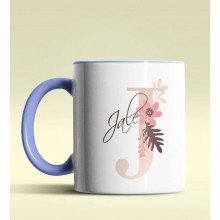 Kişiye Özel J Harfi Temalı Flowers Tasarım Mavi Renk Kupa