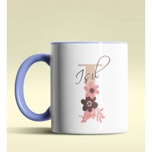 Kişiye Özel I Harfi Temalı Flowers Tasarım Mavi Renk Kupa