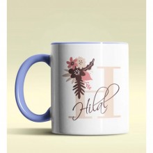 Kişiye Özel H Harfi Temalı Flowers Tasarım Mavi Renk Kupa