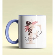 Kişiye Özel F Harfi Temalı Flowers Tasarım Mavi Renk Kupa