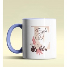 Kişiye Özel E Harfi Temalı Flowers Tasarım Mavi Renk Kupa