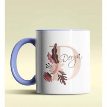 Kişiye Özel D Harfi Temalı Flowers Tasarım Mavi Renk Kupa