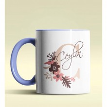 Kişiye Özel C Harfi Temalı Flowers Tasarım Mavi Renk Kupa