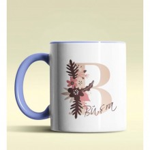 Kişiye Özel B Harfi Temalı Flowers Tasarım Mavi Renk Kupa