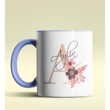 Kişiye Özel A Harfi Temalı Flowers Tasarım Mavi Renk Kupa