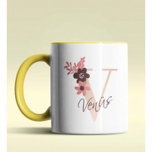 Kişiye Özel V Harfi Temalı Flowers Tasarım Sarı Renk Kupa