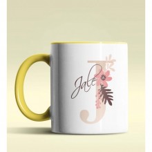 Kişiye Özel J Harfi Temalı Flowers Tasarım Sarı Renk Kupa