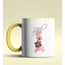 Kişiye Özel I Harfi Temalı Flowers Tasarım Sarı Renk Kupa