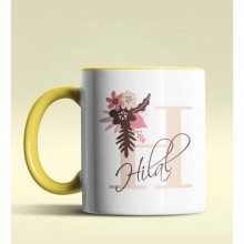 Kişiye Özel H Harfi Temalı Flowers Tasarım Sarı Renk Kupa