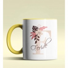 Kişiye Özel F Harfi Temalı Flowers Tasarım Sarı Renk Kupa