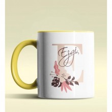 Kişiye Özel E Harfi Temalı Flowers Tasarım Sarı Renk Kupa