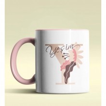 Kişiye Özel Y Harfi Temalı Flowers Tasarım Pembe Renk Kupa