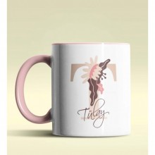 Kişiye Özel T Harfi Temalı Flowers Tasarım Pembe Renk Kupa