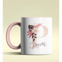 Kişiye Özel P Harfi Temalı Flowers Tasarım Pembe Renk Kupa