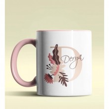 Kişiye Özel D Harfi Temalı Flowers Tasarım Pembe Renk Kupa