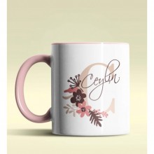 Kişiye Özel C Harfi Temalı Flowers Tasarım Pembe Renk Kupa