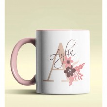 Kişiye Özel A Harfi Temalı Flowers Tasarım Pembe Renk Kupa