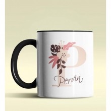 Kişiye Özel P Harfi Temalı Flowers Tasarım Siyah Renk Kupa