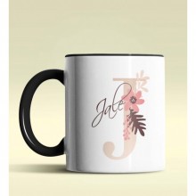 Kişiye Özel J Harfi Temalı Flowers Tasarım Siyah Renk Kupa