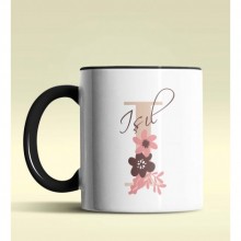 Kişiye Özel I Harfi Temalı Flowers Tasarım Siyah Renk Kupa